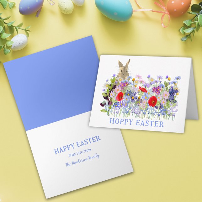 Cartão Coelhinho Mole e Primavera de Páscoa (Personalized hoppy easter cute bunny colorful wildflower meadow spring floral holiday greetings card)
