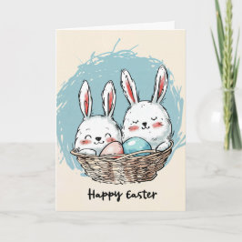 Cartão Coelhinhos bonitos em uma placa de Páscoa de soque