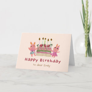 Cartão Coelhinhos Doces Colagem de Papel Aniversário Rosa