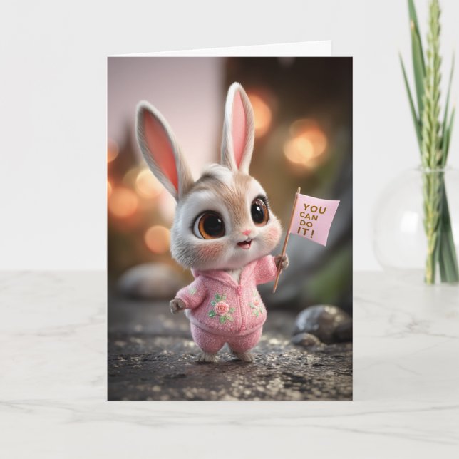 Cartão Coelho Bebê Fofo de Macacão Rosa de Encorajamento (Frente)