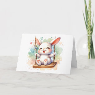 Cartão Coelho Bonito de Aquarela em Balanço em Branco