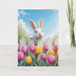 Cartão Coelho Branco da Páscoa em Tulipas