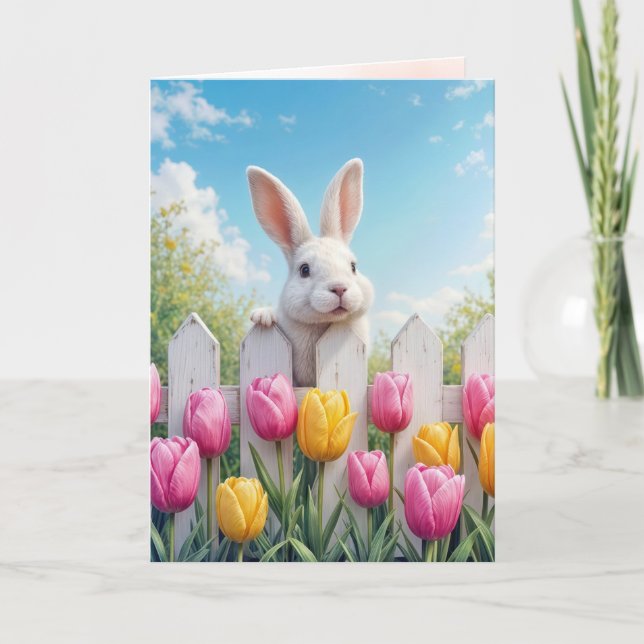 Cartão Coelho Branco da Páscoa em Tulipas (Frente)