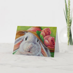 Cartão Coelho Branco de Boné de Primavera em Arte de Aqua