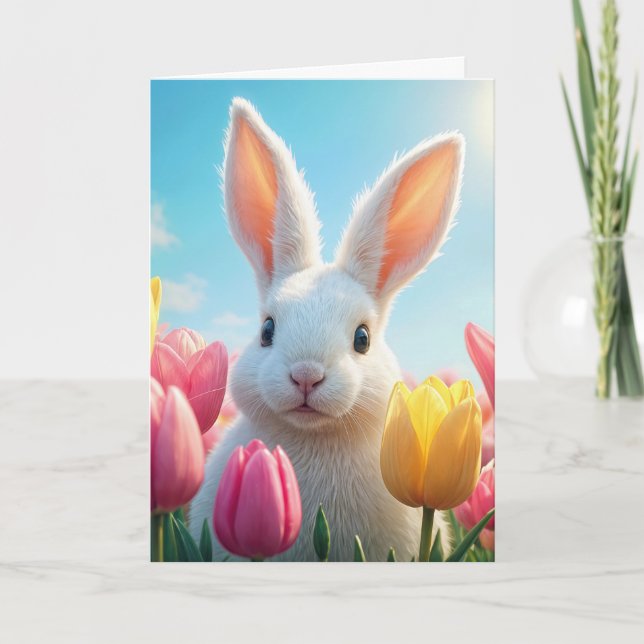Cartão Coelho Branco de Páscoa em Tulipas (Frente)