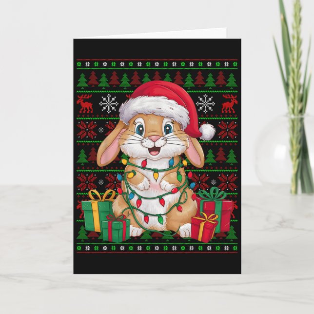 Cartão Coelho Bunny Luzes de Natal Chapéu do Papai Noel F (Frente)
