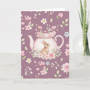 Cartão Coelho Caprichoso Bule Rosa Floral Páscoa