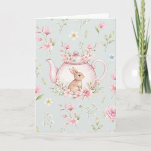 Cartão Coelho Caprichoso Bule Rosa Floral Páscoa 
