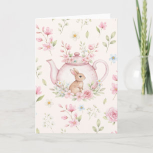 Cartão Coelho Caprichoso Bule Rosa Floral Páscoa