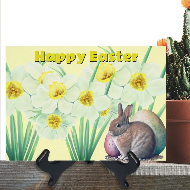 Cartão Coelho Cinto Branco Hidrocoloração Daffodil Flores (Criador carregado)