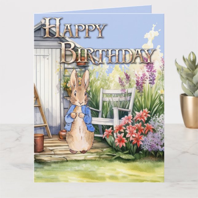 Cartão Coelho clássico Feliz aniversário (Planta pequena)