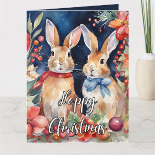 Cartão Coelho Coelho de Natal com Aquarela Personalizada