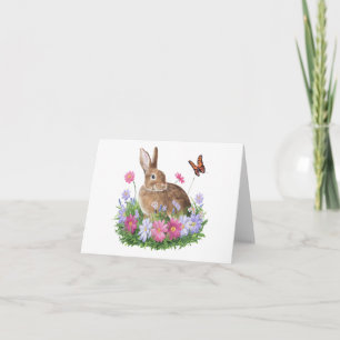 Cartão Coelho com Borboleta e Campo de Flores BRANCO