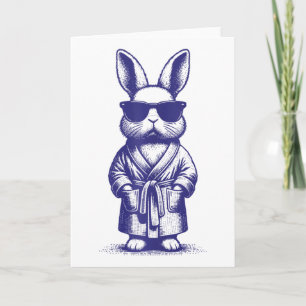 Cartão Coelho Com Robe E Óculos De Sol Azul Páscoa Retro 