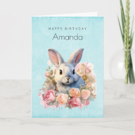 Cartão Coelho com uma Guirlanda de Rosas Fofo Aniversário