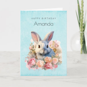 Cartão Coelho com uma Guirlanda de Rosas Fofo Aniversário