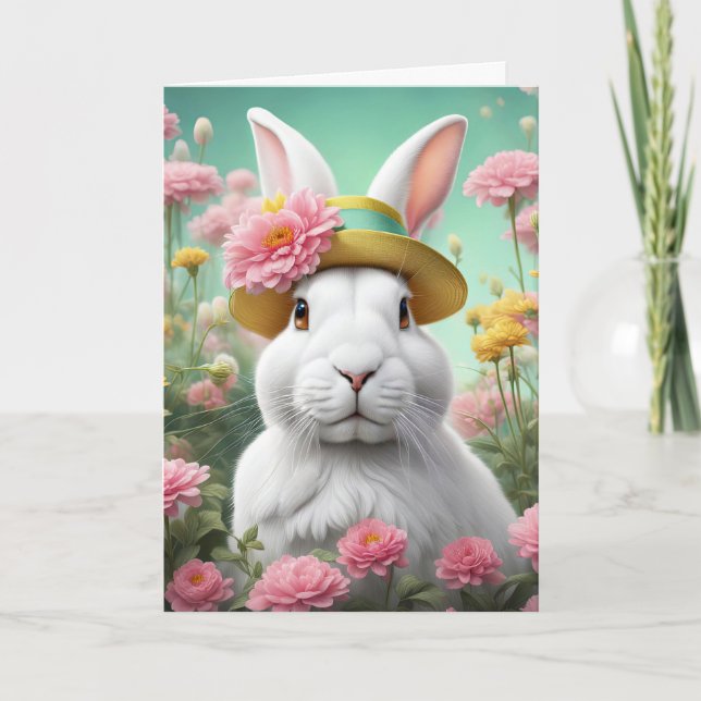 Cartão Coelho da Páscoa Com Chapéu de Primavera (Frente)