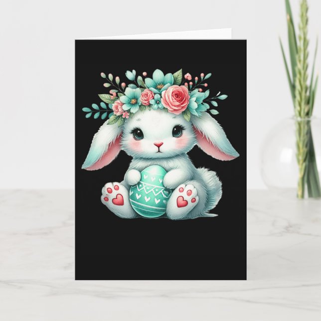 Cartão Coelho da Páscoa Com Coroa de Flores Meninas Mulhe (Frente)