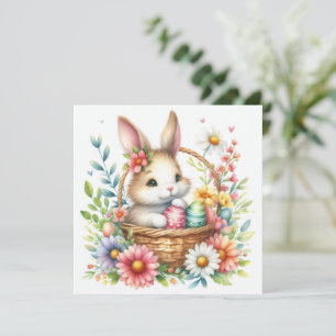 Cartão Coelho da Páscoa em Cesto de Flores com Ovos Color