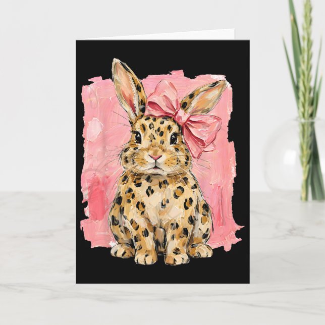 Cartão Coelho de Impressão de Leopardo com Laço Rosa Fofa (Frente)