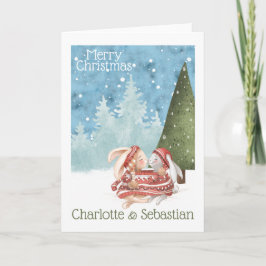 Cartão Coelho de Natal Beijando Coelhos em Suéter de Inve