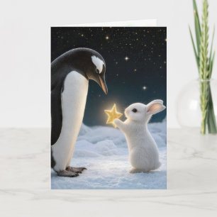 Cartão Coelho de Natal e Pinguim com Estrela de Neon