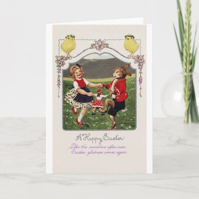 Cartão Coelho de Páscoa Menina Vintage (Frente)