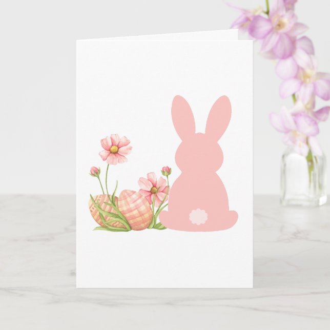 Cartão Coelho de Páscoa Rosa Fofo com Flores de Primavera (Orquídea)