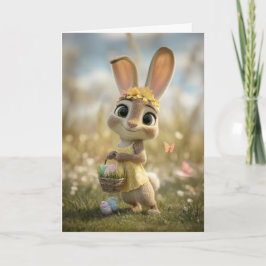 Cartão Coelho em amarelo com coroa de flores e cesta de P