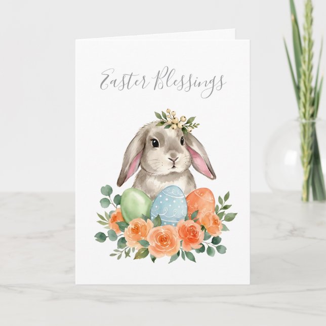 Cartão Coelho Floral de Primavera em Aquarela Ovos de Pás (Frente)