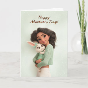 Cartão Coelho Fofo Abraçando a Mamãe Feliz Dia das Mães