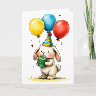 Cartão Coelho Fofo com Bolo de Aniversário Infantil Feliz