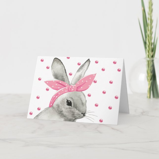 Cartão Coelho Fofo com Laço Rosa (Frente)