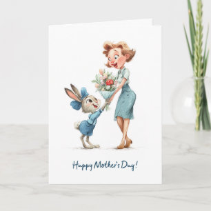 Cartão Coelho Fofo Dando Flores para a Mamãe Feliz Dia da