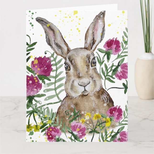 Cartão Coelho fofo em flores de aquarela (Frente)