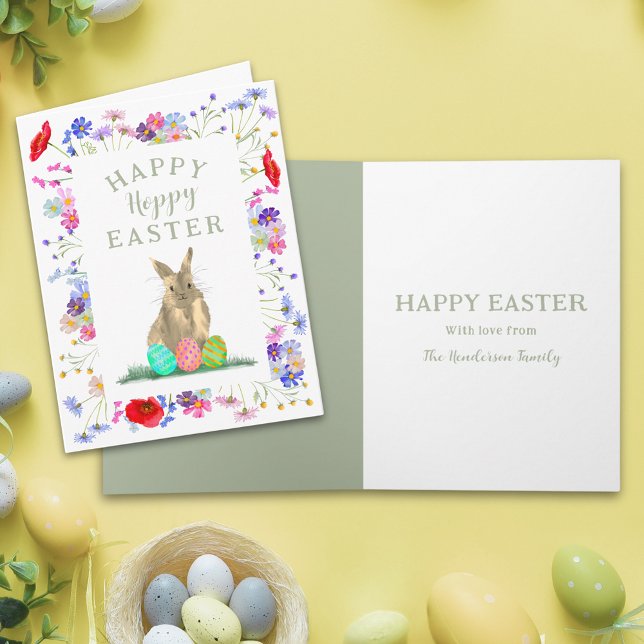 Cartão Coelho Fofo Floral de Primavera Personalizado com  (Personalized happy hoppy Easter cute bunny watercolor wildflower spring floral folded holiday card)