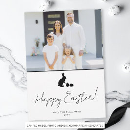 Cartão Coelho Mínimo em Preto e Foto da Família no Easter