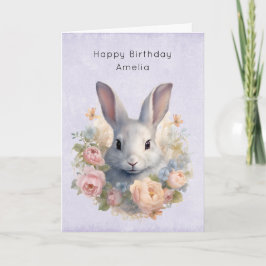 Cartão Coelho Rodeado por Flores Pastel Cute Aniversário