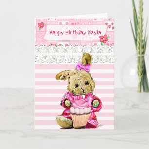 Cartão Coelho Rosa para Menina - Feliz Aniversário