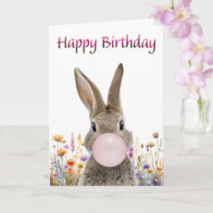 Cartão Coelho soprando chiclete rosa Feliz Aniversário