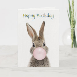 Cartão Coelho soprando chiclete rosa Feliz Aniversário