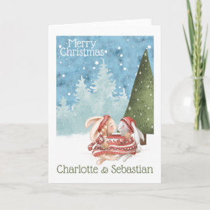 Cartão Coelhos de Natal Beijando em Suéter de Inverno