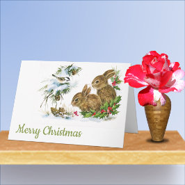 Cartão Coelhos e aves de colheita de neve de Natal