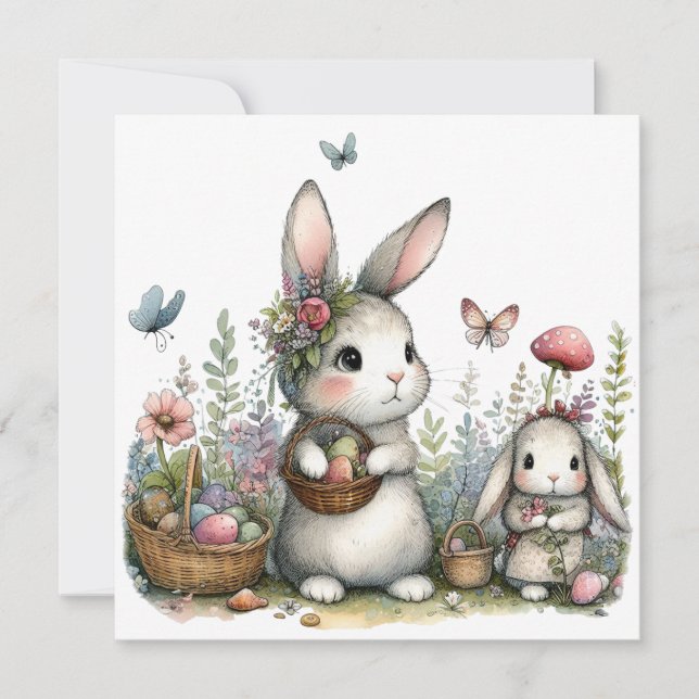 Cartão Coelhos e Ovos Caprichosos Flores Saudações de Pás (Frente)