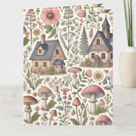 Cartão Cogumelo de Cottagecore e Padrão Floral