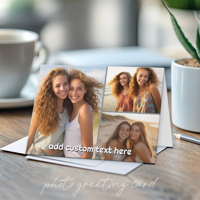 Cartão Colagem de 3 Fotos com 1 Linha de Texto (Custom Photo Folded Greeting Card)