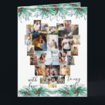 Cartão Colagem de Foto do Coração da Esposa Holly Mistlet<br><div class="desc">Cartão de Natal Fotográfico para sua esposa com colagem de fotos em forma de coração amoroso que contém 24 de suas fotos favoritas. A carta é limitada com coloração d'água holly e terras confundidas e escrita com letras elegantes com tipografia manuscrita. O modelo de foto é configurado para que você...</div>