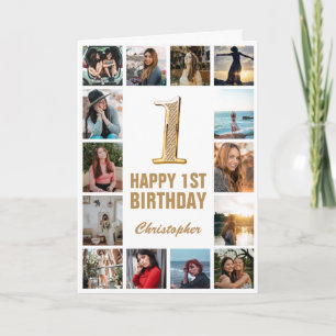 Cartão Colagem de Fotos Branca e Dourada de Aniversário 