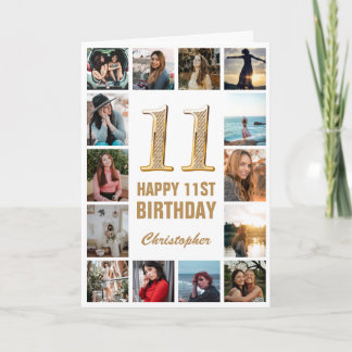 Cartão Colagem de Fotos Branca e Dourada de Aniversário d