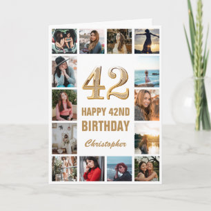 Cartão Colagem de Fotos Branca e Dourada de Aniversário F